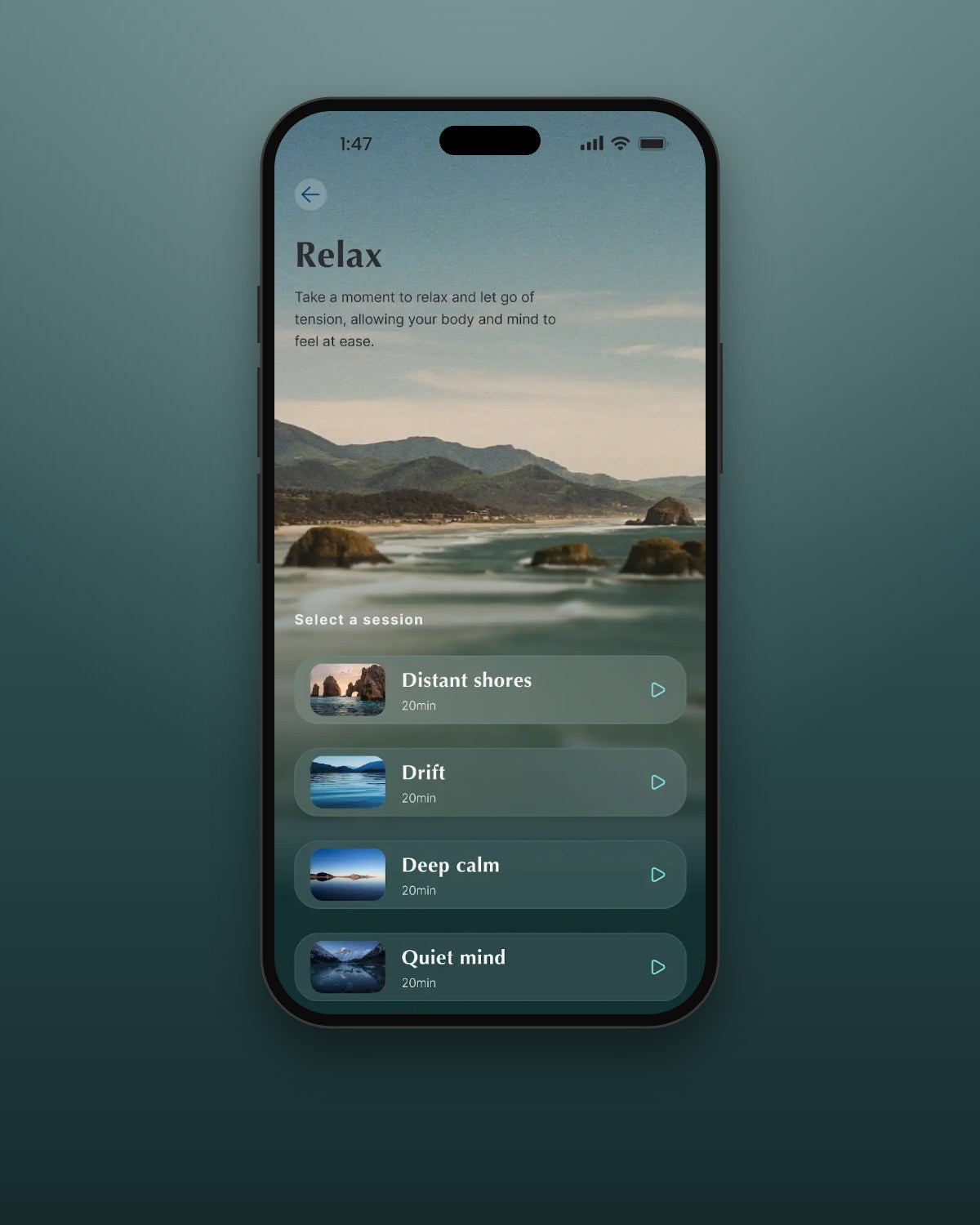 The Onizion app on an iPhone, showing a list of Relax sessions